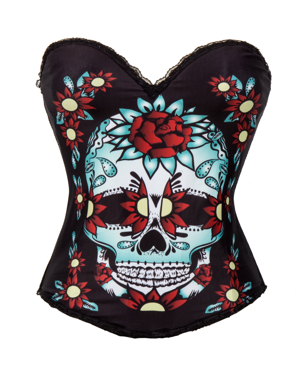 F66372 Sugar Skull Corset Top Multi-Colour With Skull & Flowers